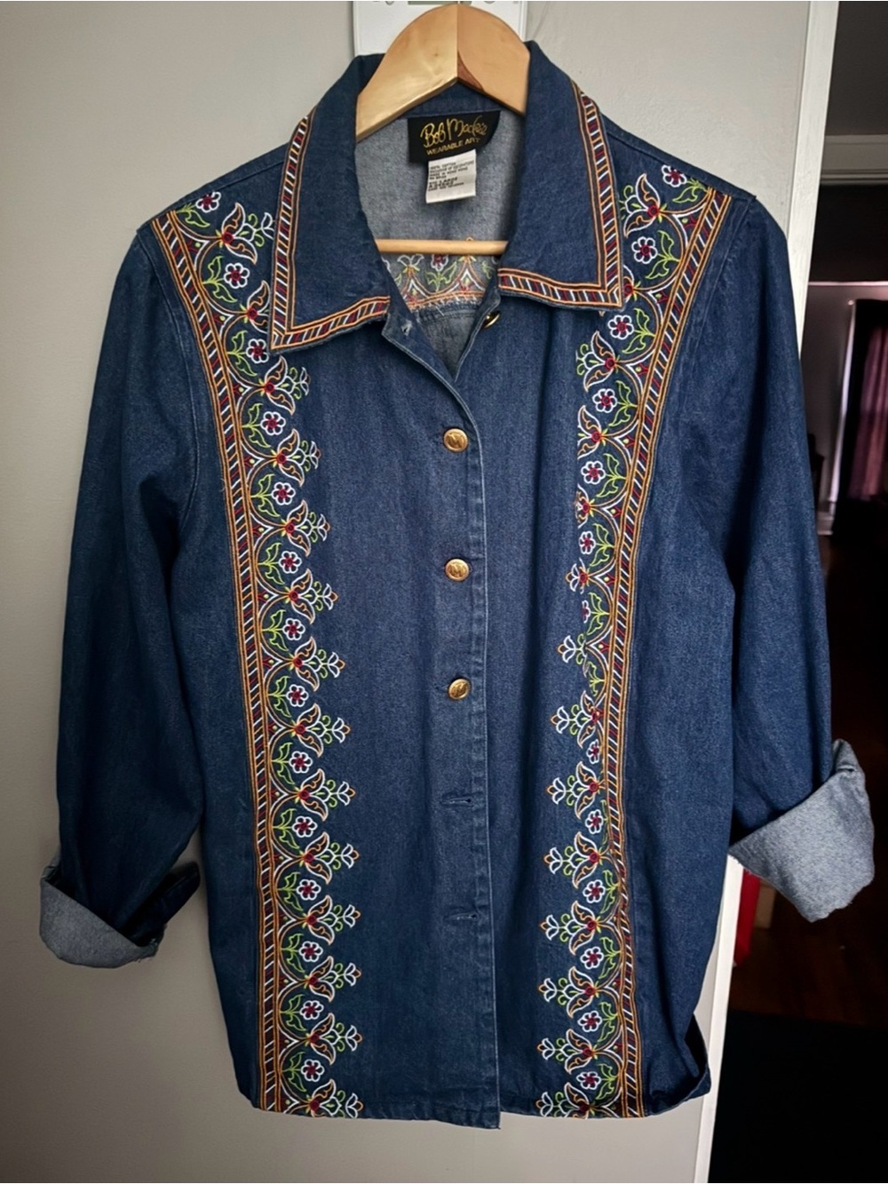 Bob Mackie Dark Blue Denim Jacket with Multicolor Floral Embroidery